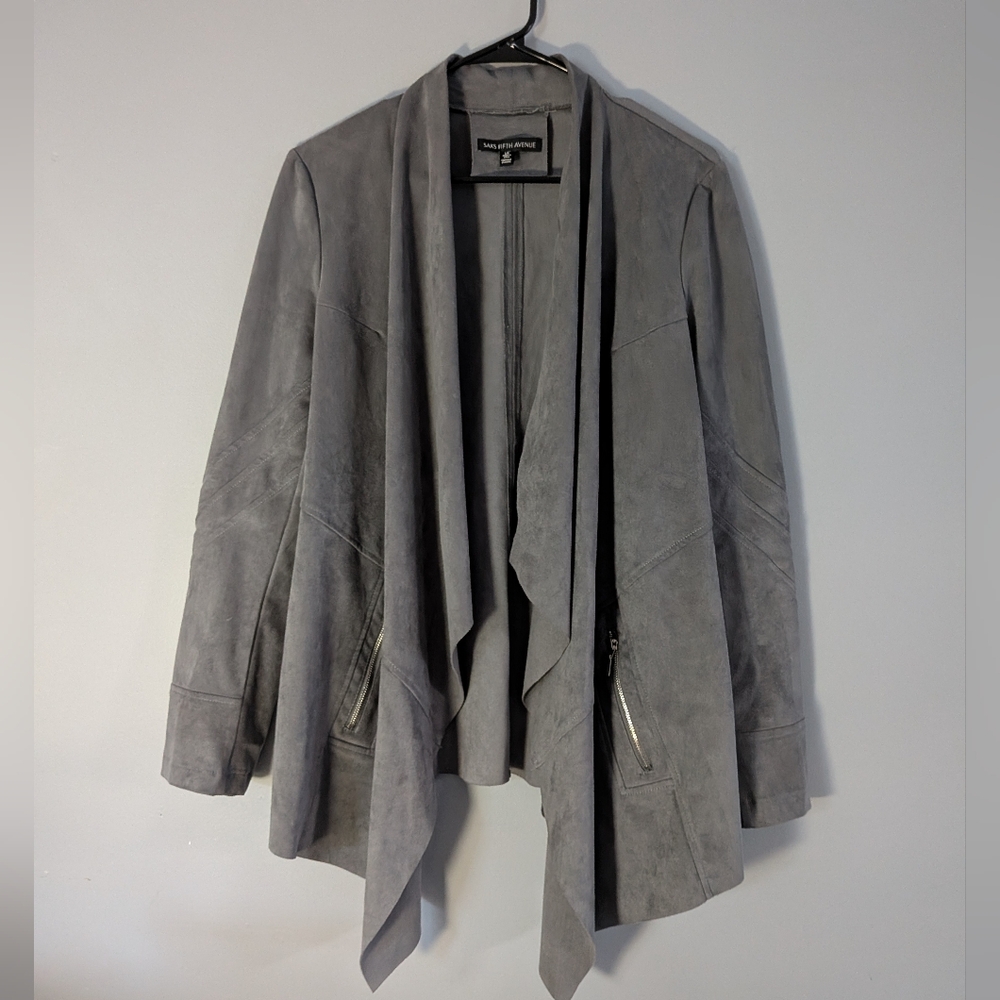 Saks‎ Fifth Avenue Faux Suede Draped Open Front Jacket Gray Size L